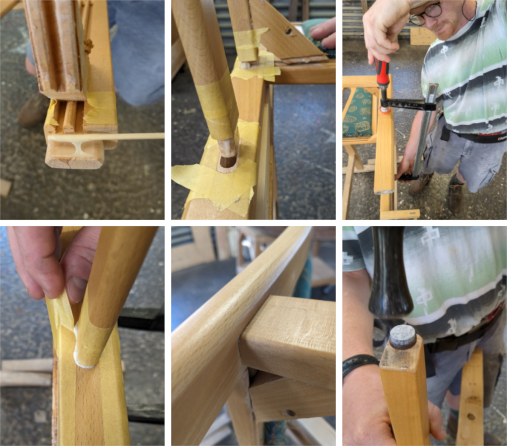Verleimung eines defekten Stuhls – Stabilität durch fachgerechte Reparatur Verleimung der Holzverbindungen bei einem defekten Stuhl zur Stabilisierung.